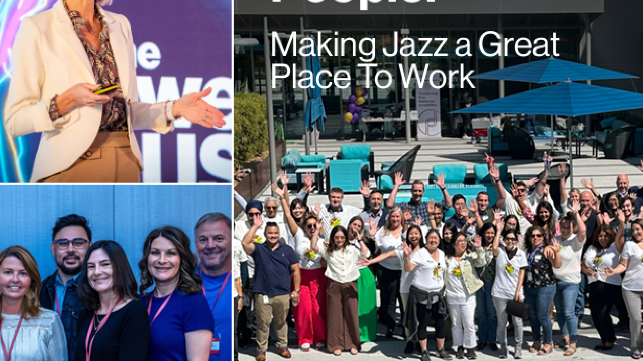 Collage of a person speaking, a small group posed together, and a large group posed with arms up high. "People: Making Jazz a great place to work" 