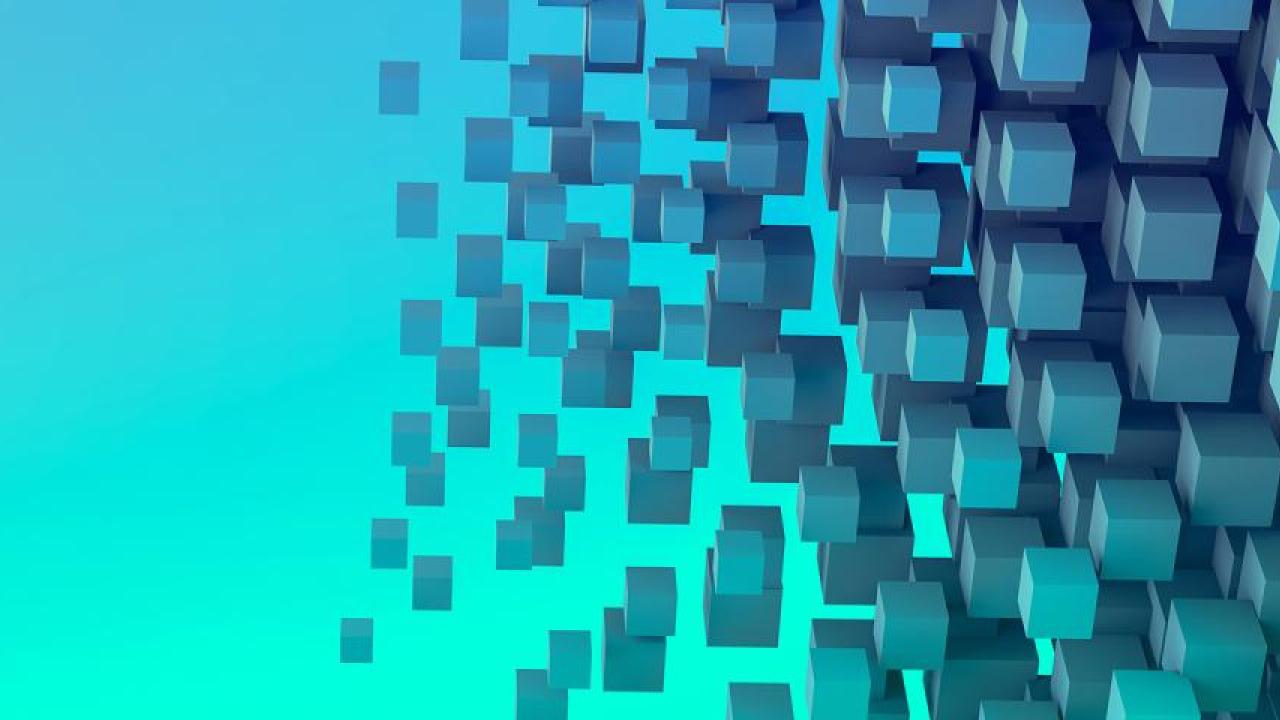 Gradient blocks becoming more densely packed to the right on a blue and green background.