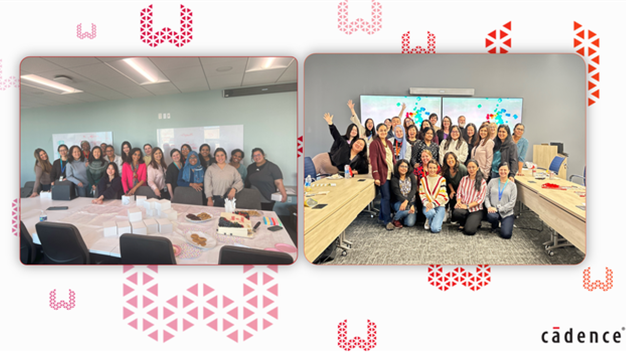 Two group photos of employees at the Women@Cadence group gathering
