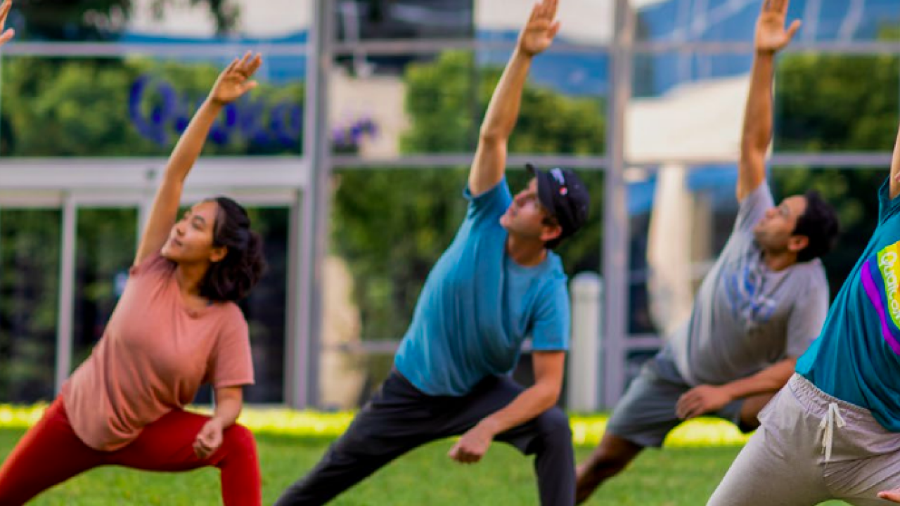 a group of 5 people do the same stretching exercise on a grass lawn outside of an office building