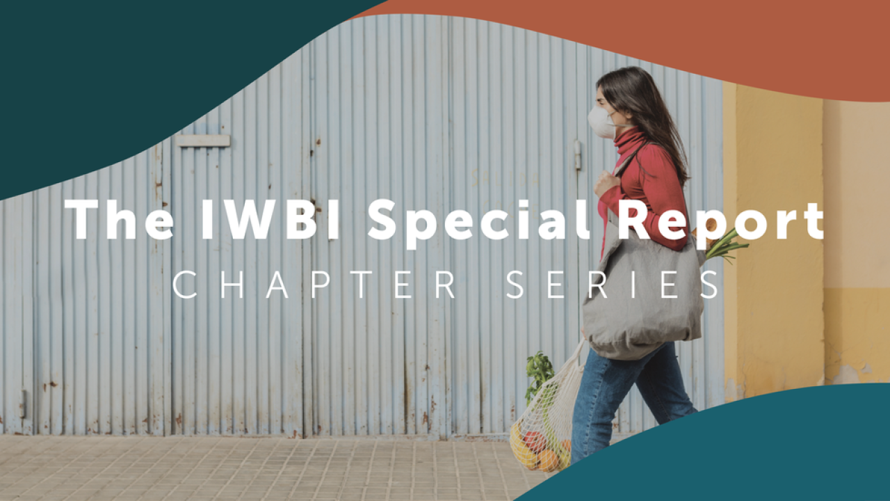 woman walking down street carrying bags with the word: "The IWBI Special Report Chapter Series"
