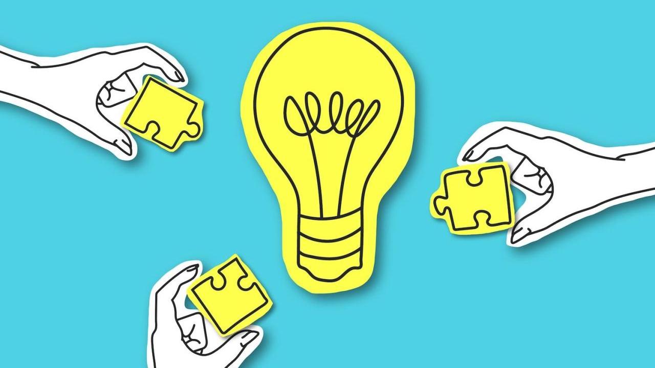 drawing of hands reaching for a lightbulb