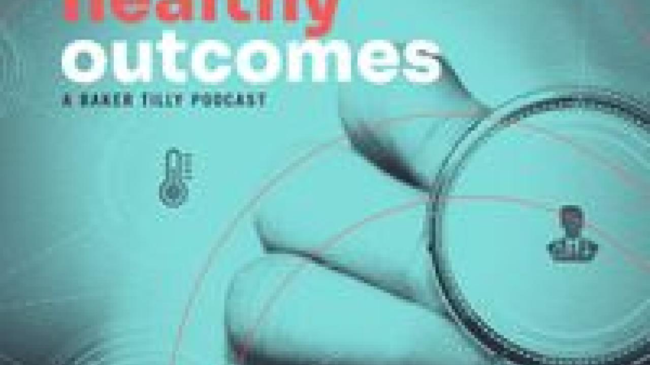 "healthy outcomes" a green-tinted hand holding a stethoscope up.