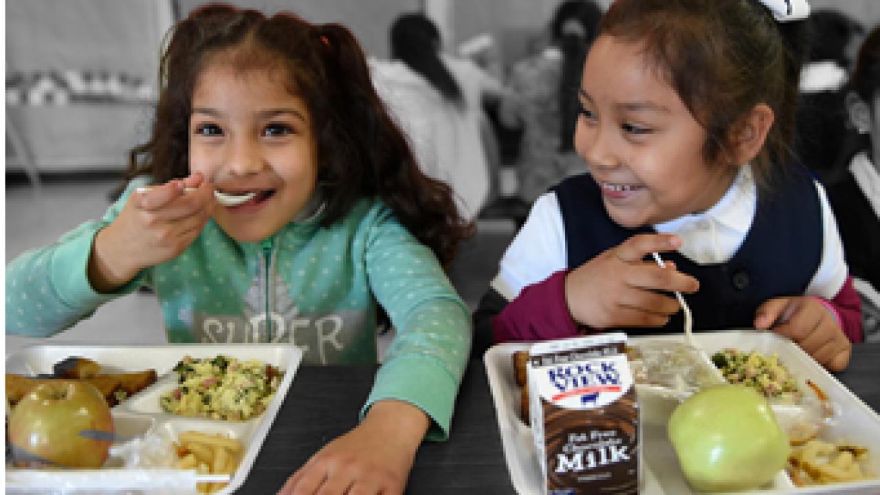 two smiling children eating a meal served on a tray