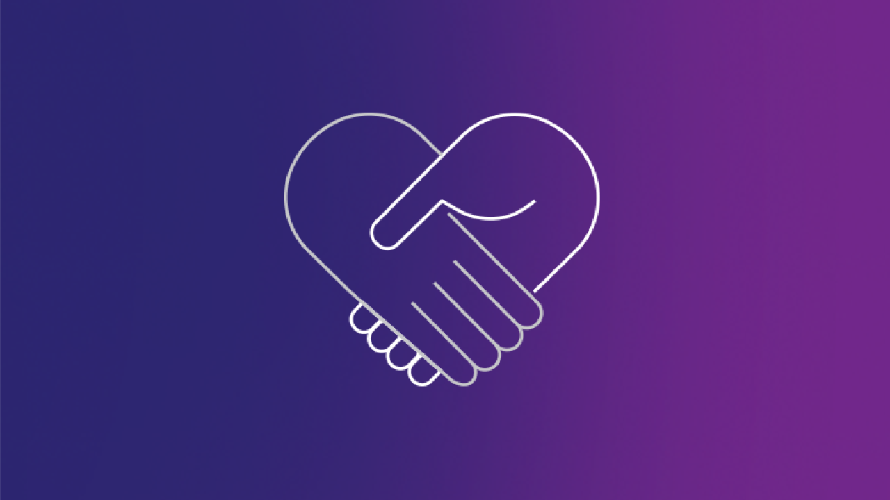 line drawing of two holding hands merged to look like a heart on a blue to purple background.