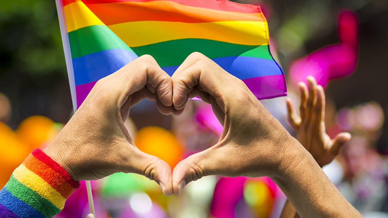 fingers forming a heart with rainbow flags in the background