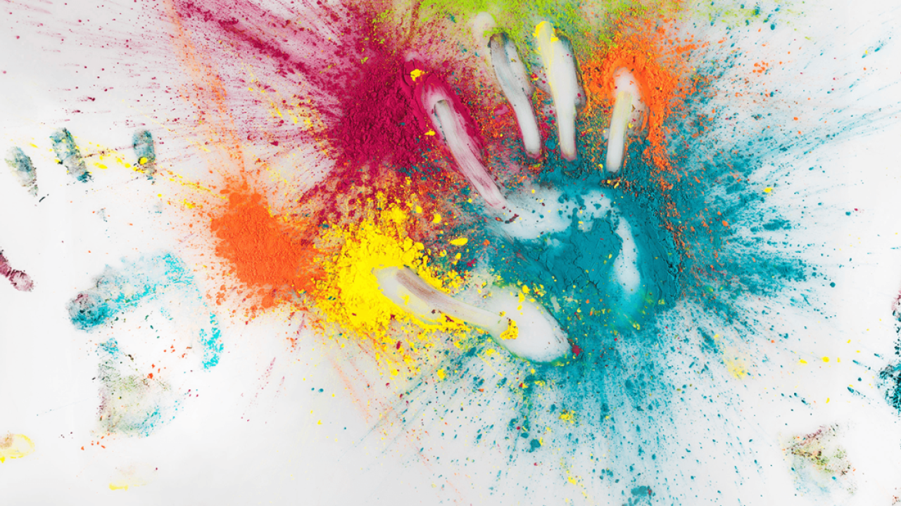 Colorful painting with two handprints