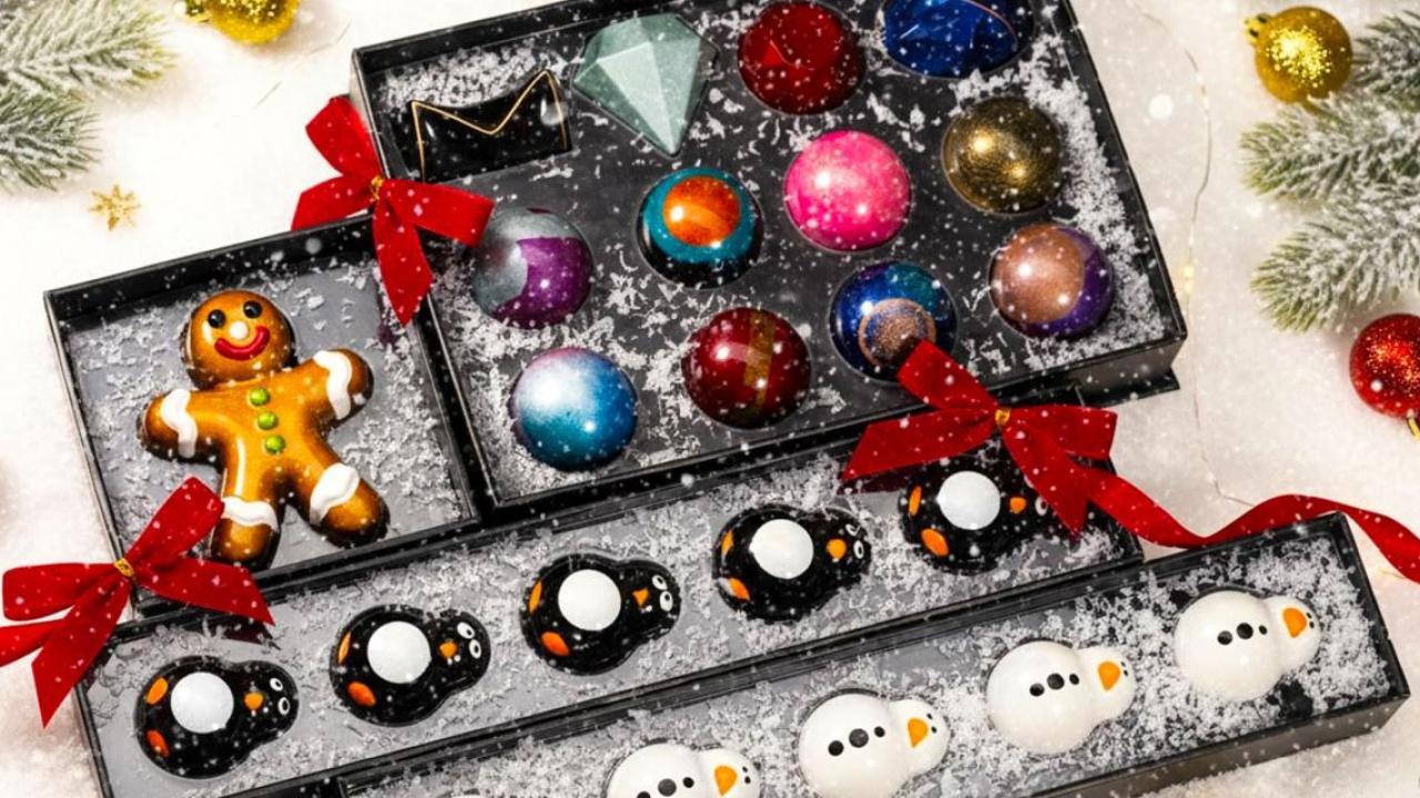 Assortment of ornaments in a gift box.