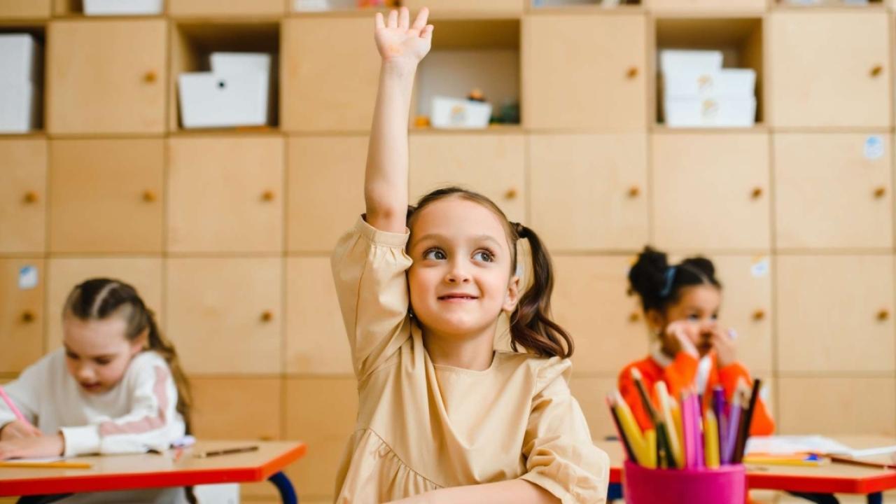 Student raising her hand in a classroom. 