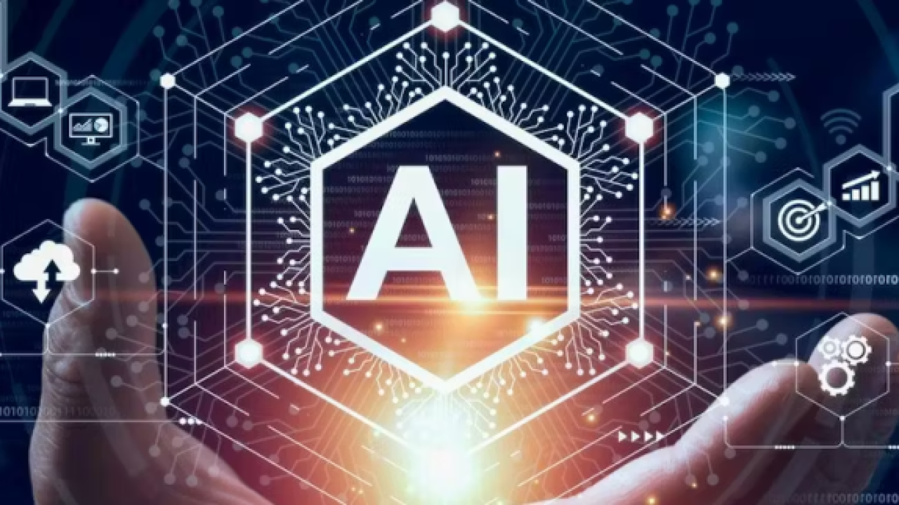 Hands holding an AI symbol graphic