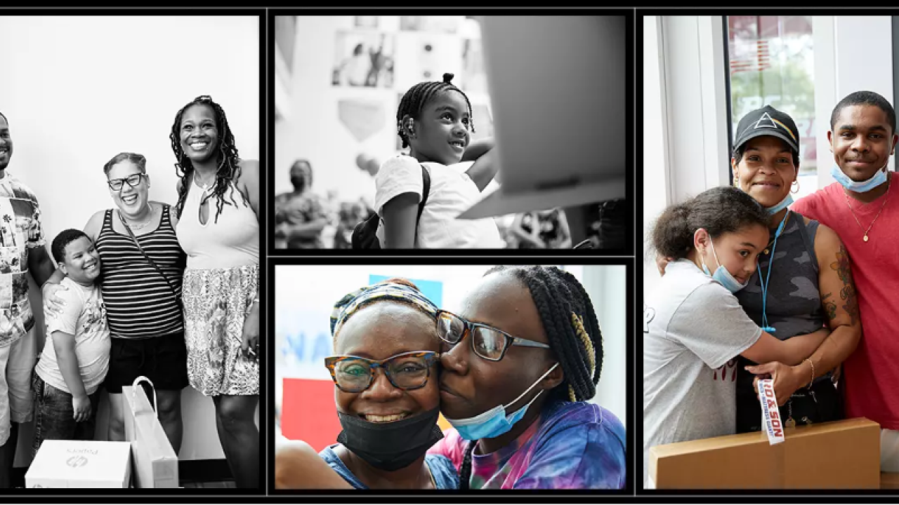 Left: Tanesha Grant with Noel Dorsett, 8, and his parents, Carl Dorsett and Melissa Ramirez. Top middle: Chanel Demorn, 6, waits for a laptop. Bottom middle: Kelly Rolan Ankoue (right), 17, with her mother, Diane Zagore. Right: Rosa Acevedo, 10, with her mother and brother, Wendy and Noah Gomez.