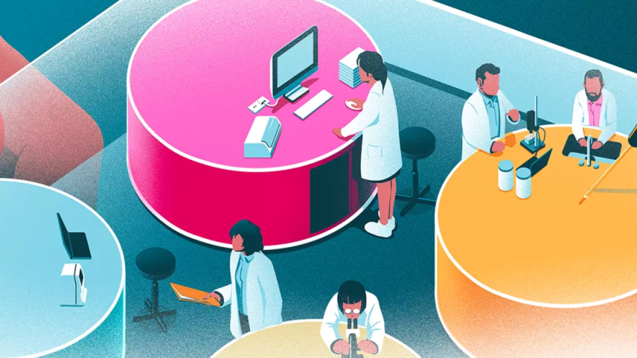 artistic drawing of round tables with computers and lab equipment in use