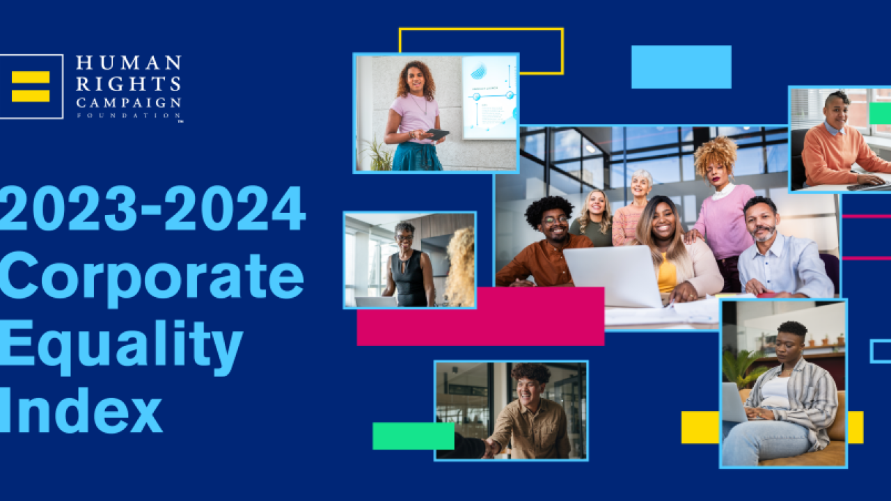 "2023-2024 Corporate Equality Index" and a collage of different people in work environments.