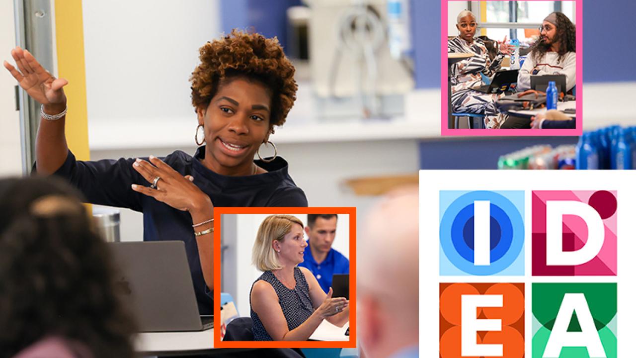 Collage of a person speaking and using hand gestures to others, pairs of people working together, and IDEA in colorful blocks.