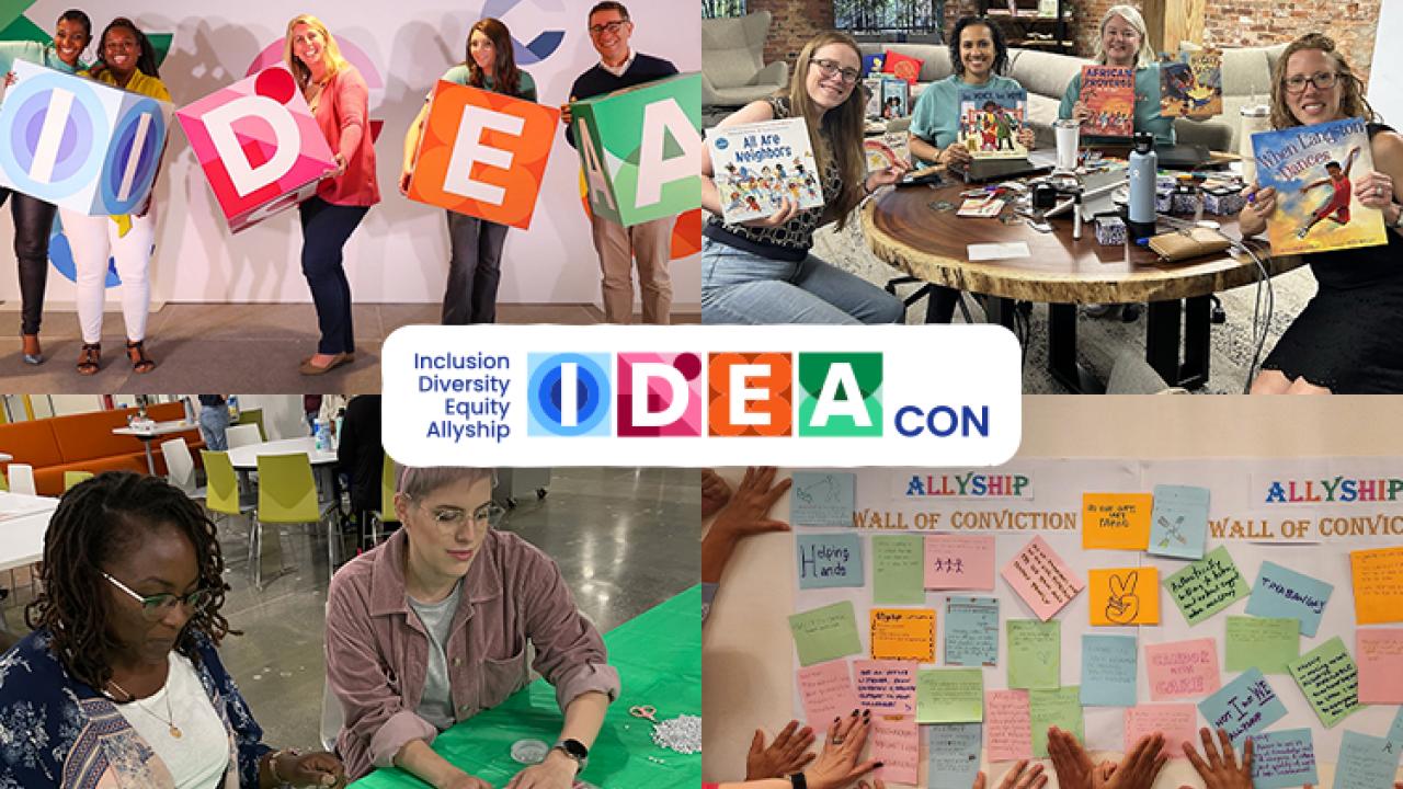 Collage of people participating in crafts, holding IDEA blocks.