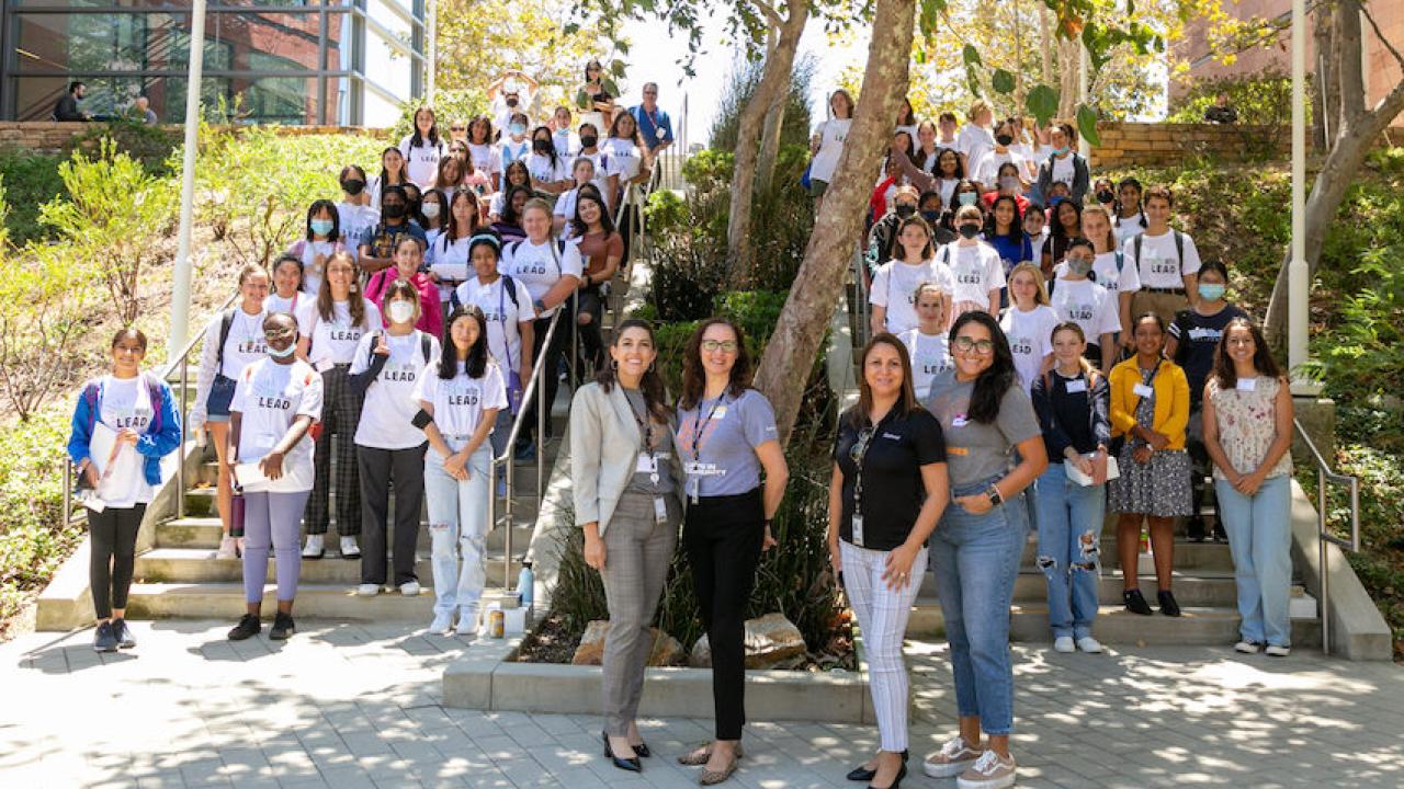 Illumina employees and members of iLatinx volunteered as mentors at the Girls Who Lead Summer Camp in 2022. Left to right: Alexa Tralla, Erica Gonzalez, Jeannet Valencia, and Natalie M. Crew.