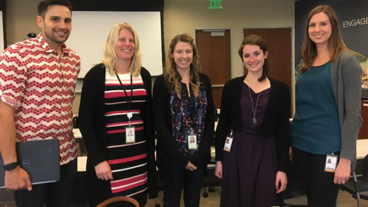 Illumina employees involved in cfRNA research, from left to right: Carlo Randise-Hinchliff, Fiona Kaper, Sarah Munchel, Suzanne Rohrback, and Sarah Kinnings.