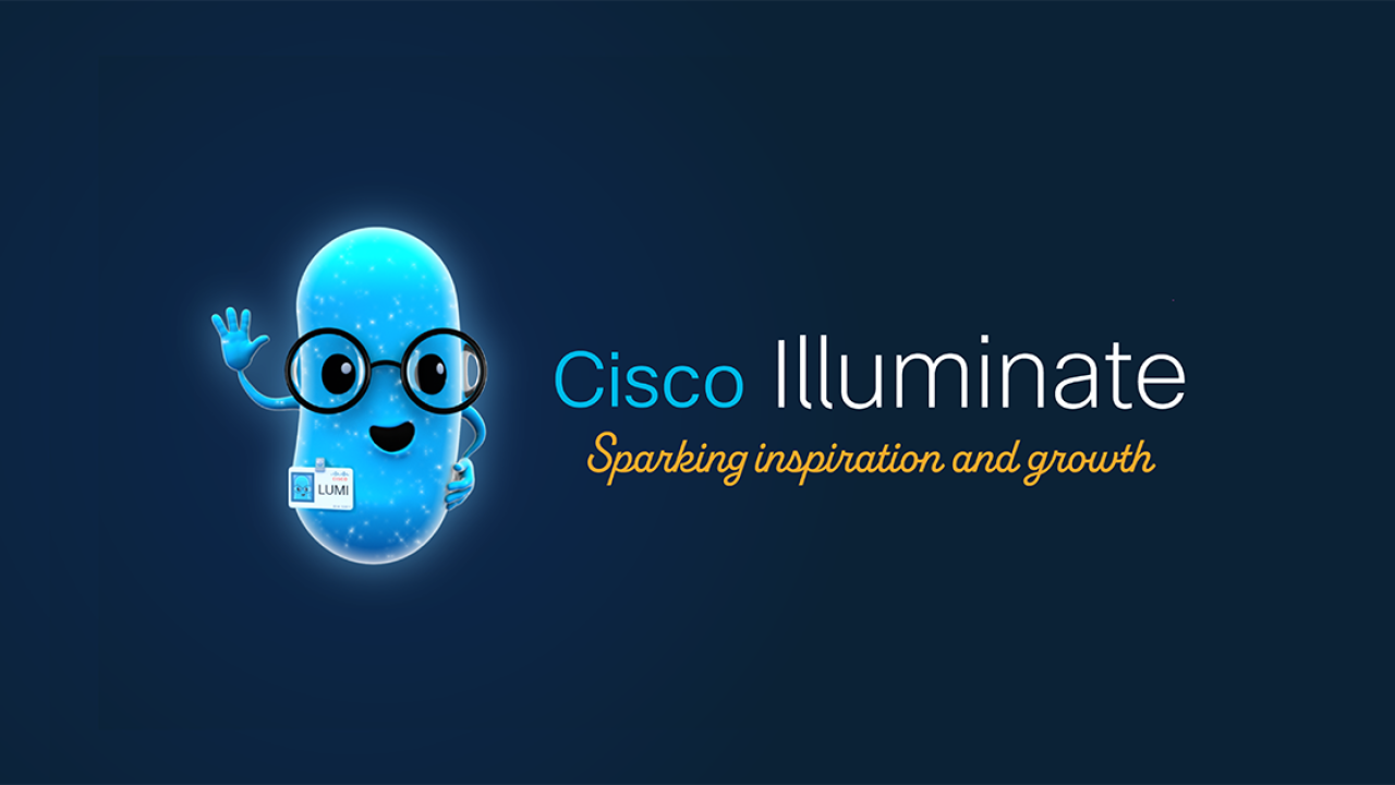 "Cisco Illuminate" A blue character with glasses waving.