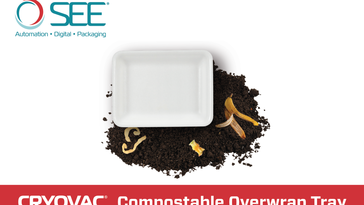 Photo of a white meat packaging tray atop dirt containing an apple core and a banana peel.