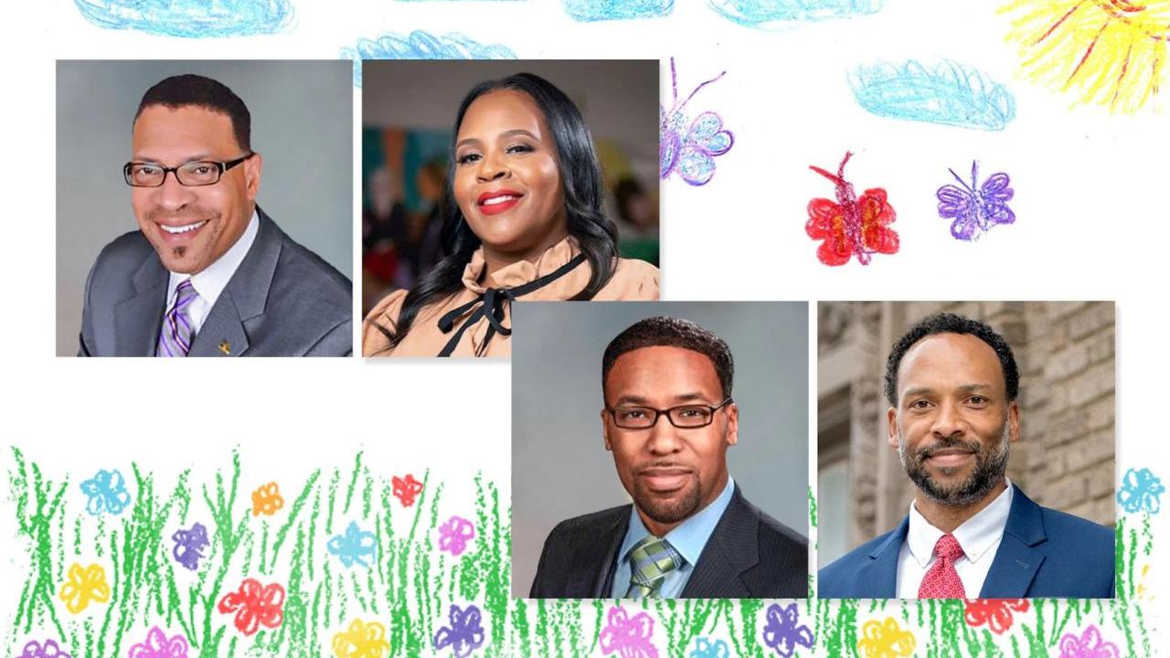 collage of 4 portraits on a background featuring a children's drawing of a meadow in bloom with butterflies