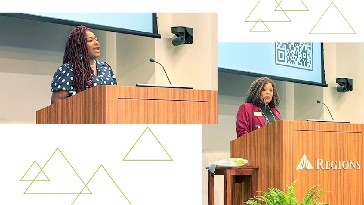 Collage including two separate speakers at a podium