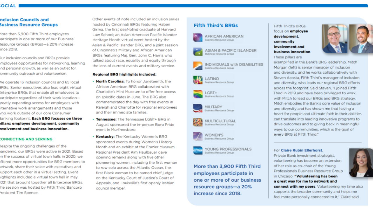 Info graphic full page from the ESG report including pictures of inclusion and BRG leaders