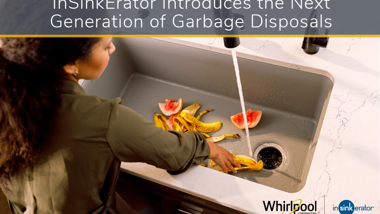 InSinkErator introduces the next generation of garbage disposals. A person putting food scraps down the sink drain, with water running.