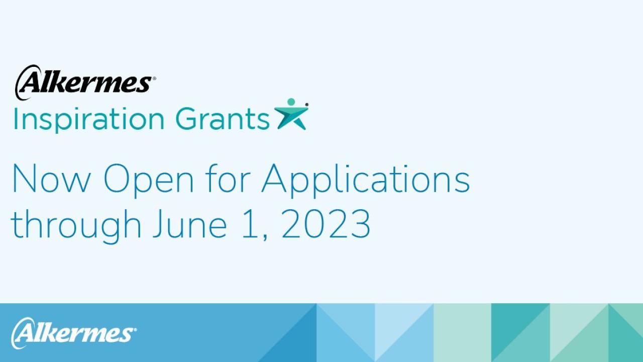 Alkermes logo and "Inspiration Grants" Now open for applications through June 1, 2023.