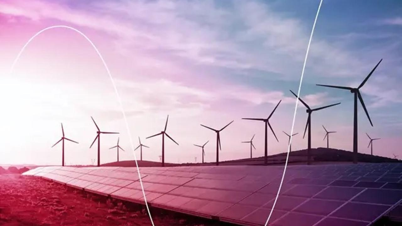 stylized image of wind turbines behind solar panels