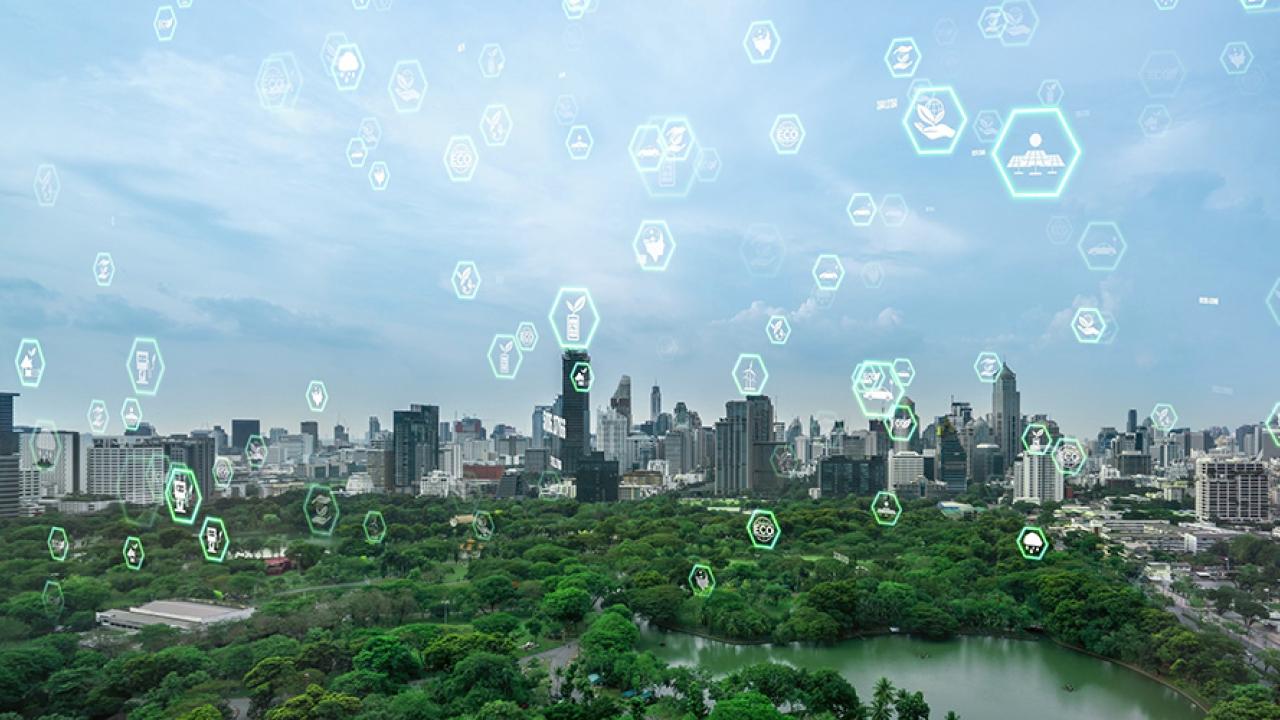 the city skyline with hexagons in the sky 