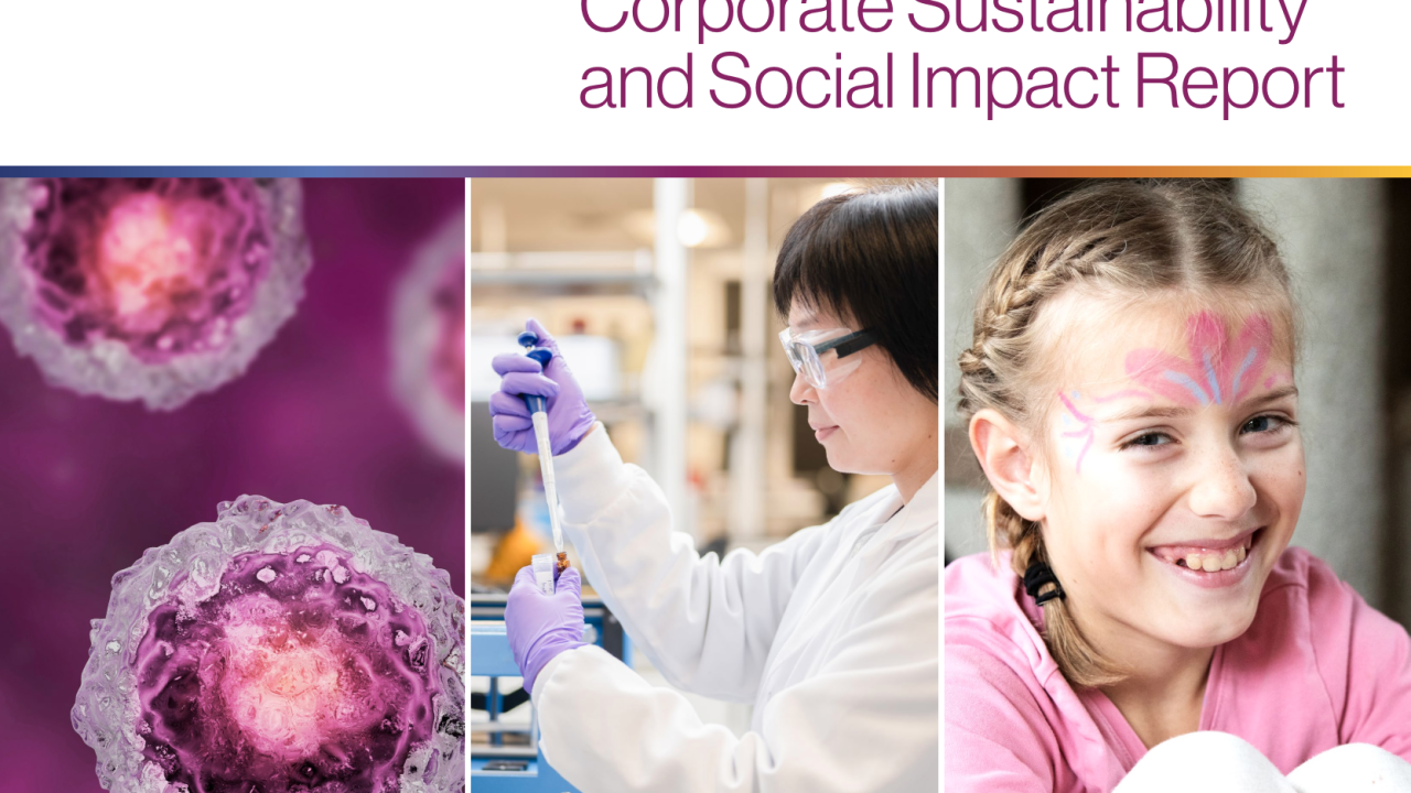 composite image of microscopic particles, a medical lab worker in a white coat, purple gloves, and safety goggles, and a smiling blonde girl in a pink shirt with pink and purple face paint