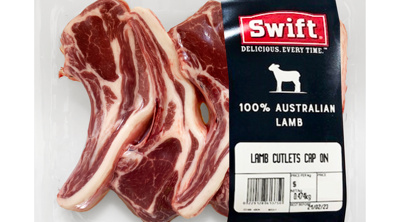 Photo of fresh lamb cutlets packaged for retail sale. 