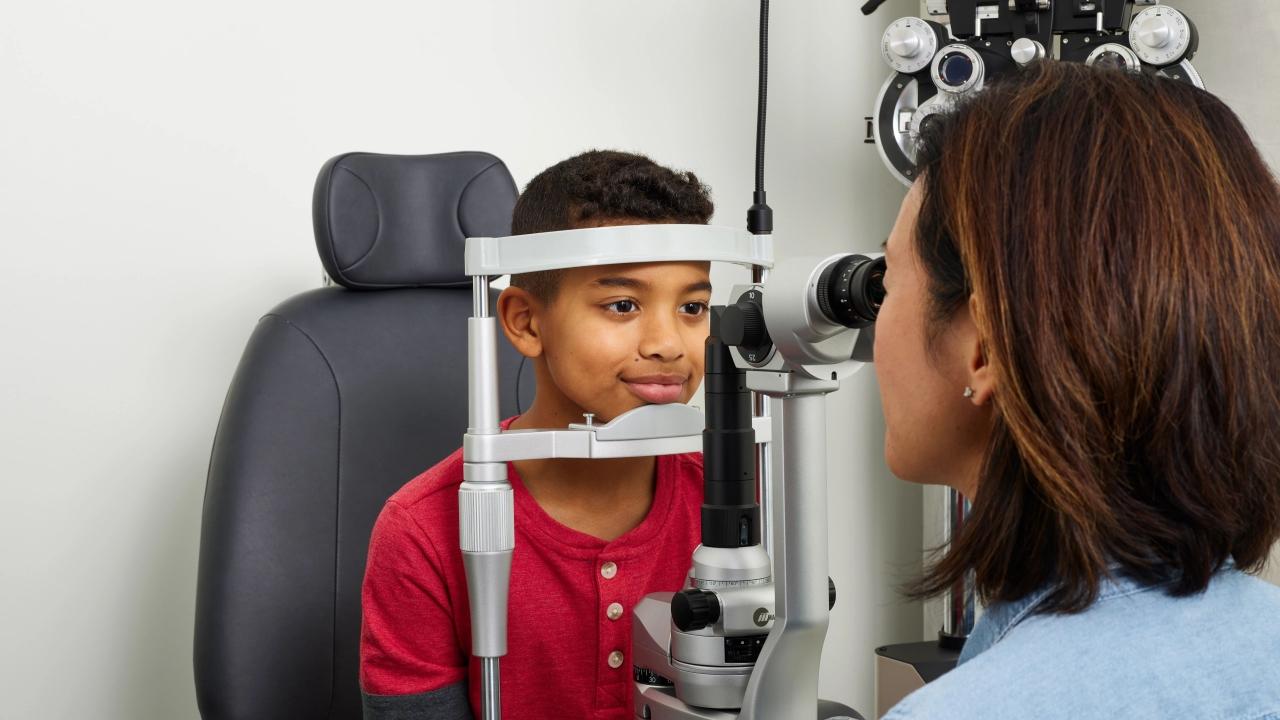 Eye doctor examining young boy 