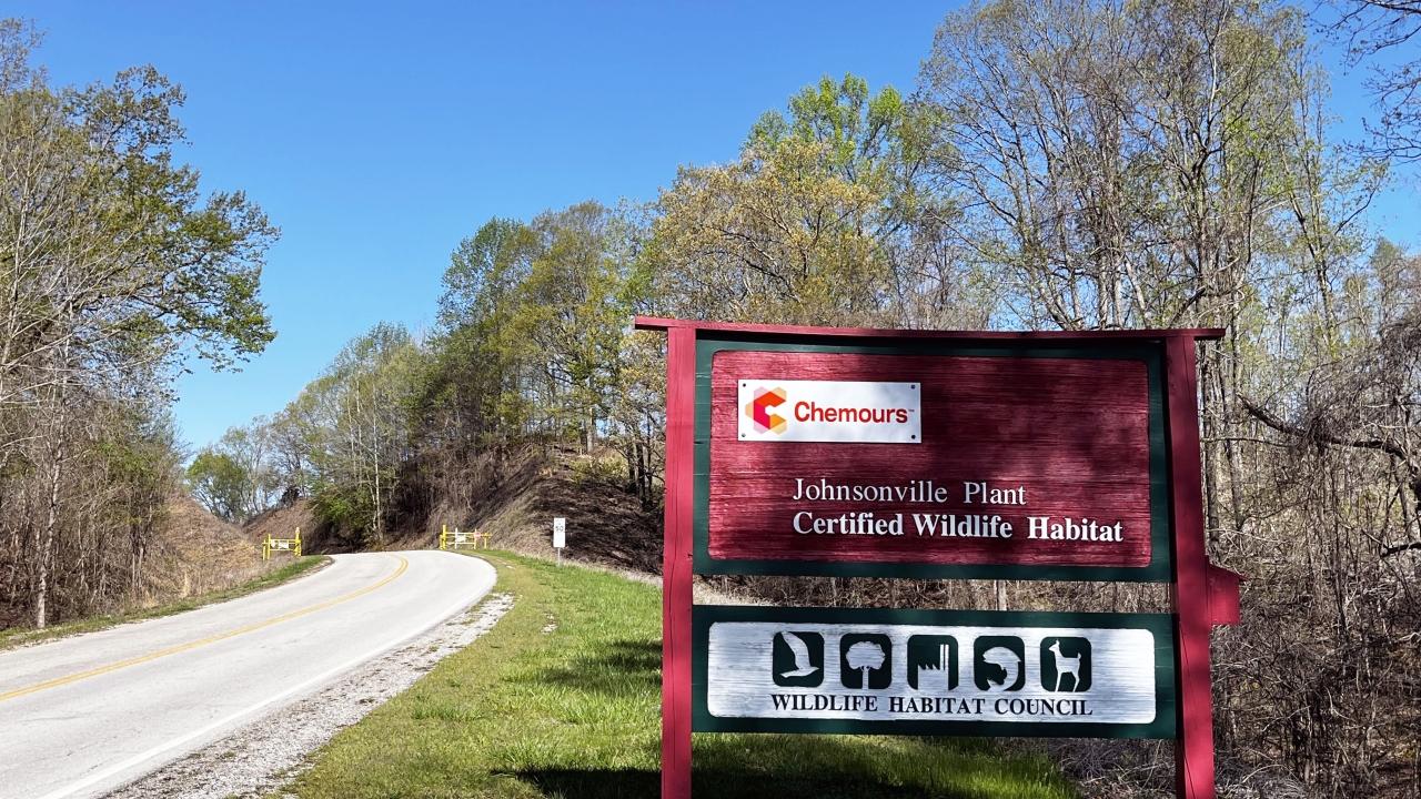 Sign at entrance for: Chemours Johnsonville Plant,, Certified Wildlife Habitat