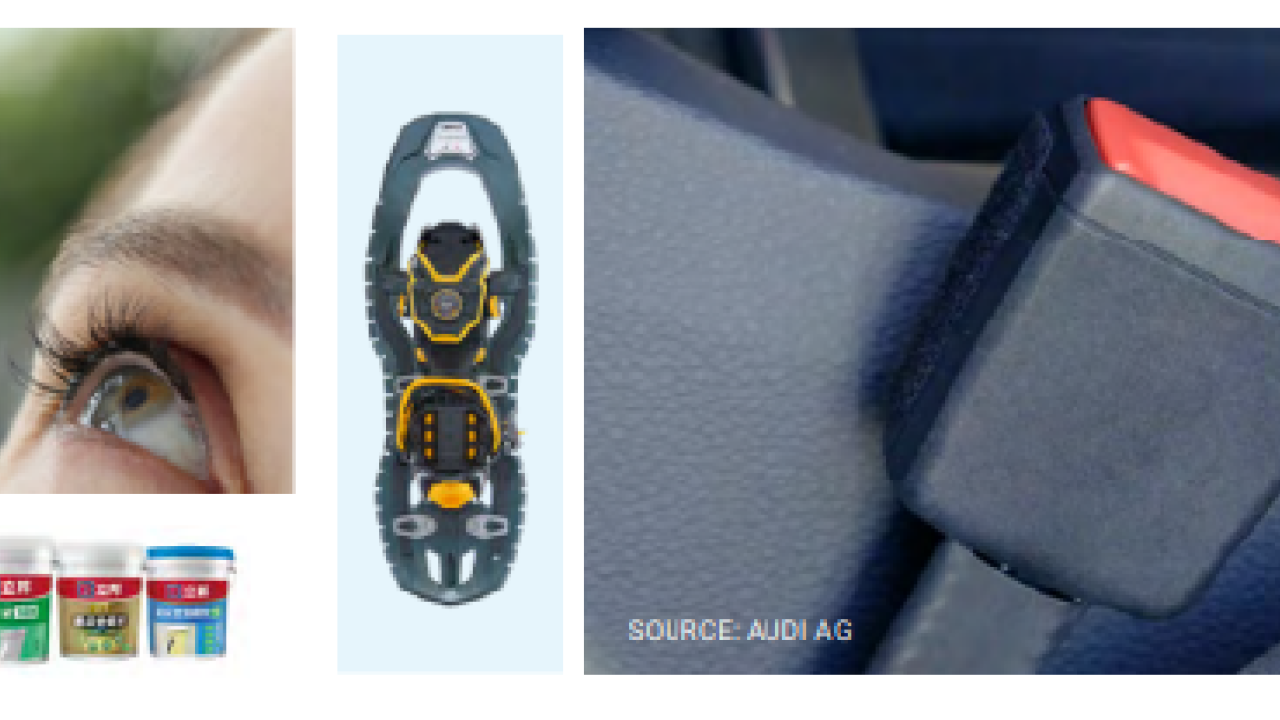Four photos: eye drops, snow shoes, green coat and a seatbelt
