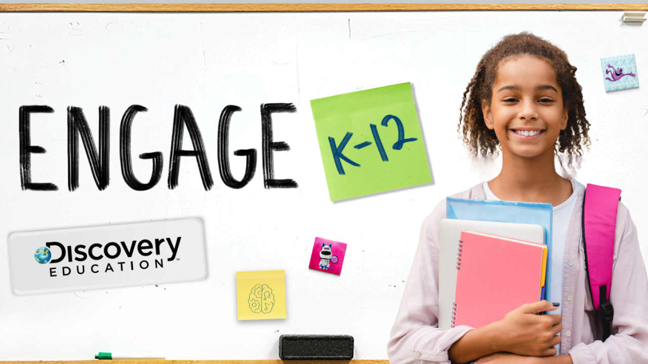 A young student holding books: "Engage K-12"