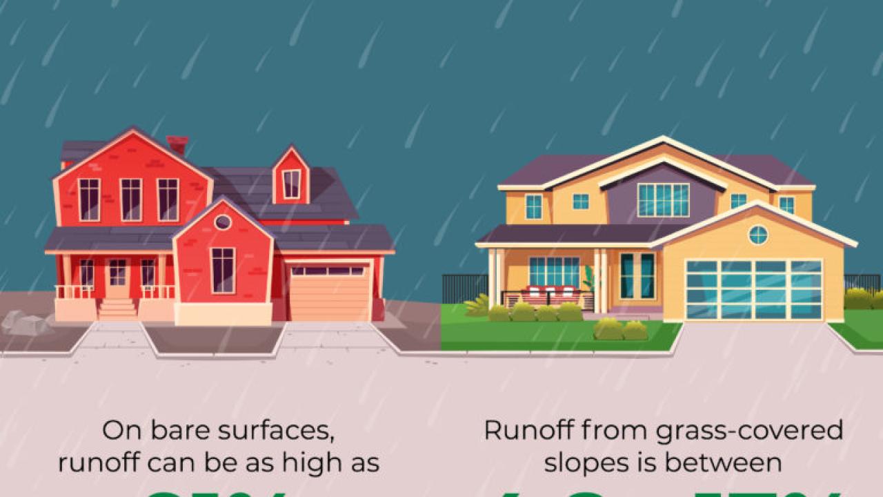 Two digital homes in the rain. Statistics for grass lawns vs bare surface.