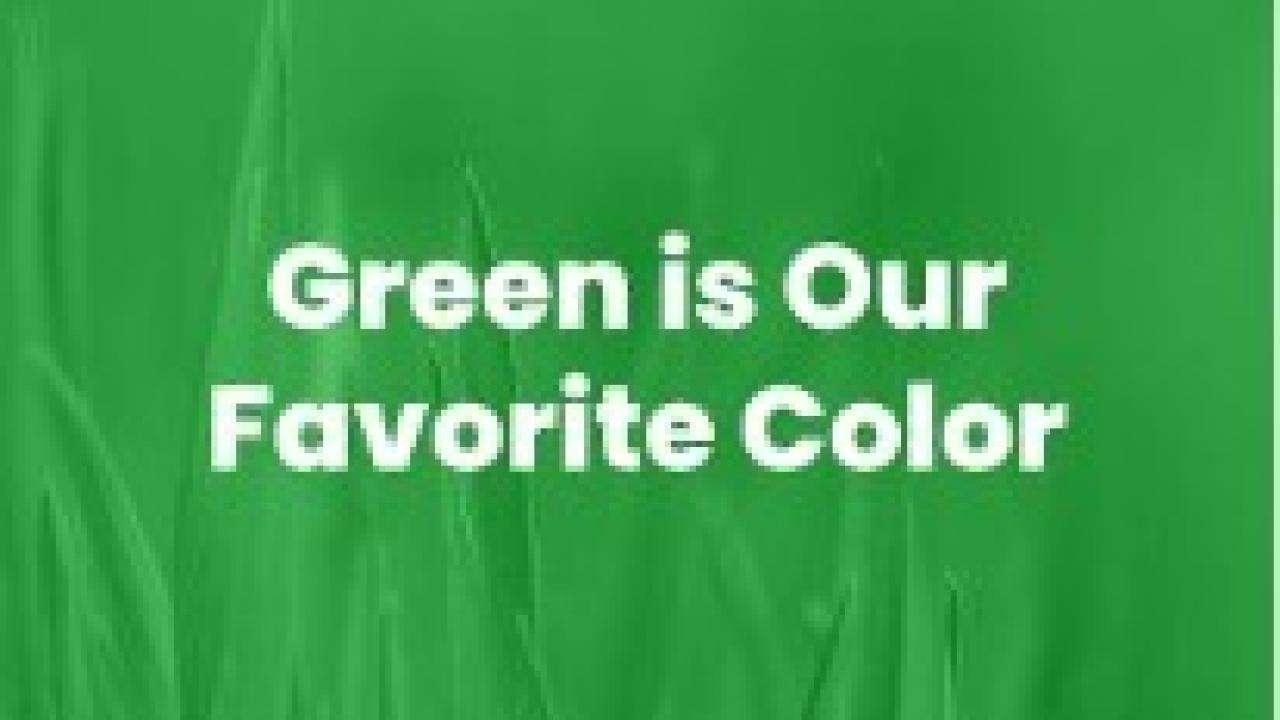 Grass with text reading: "green is our favorite color"