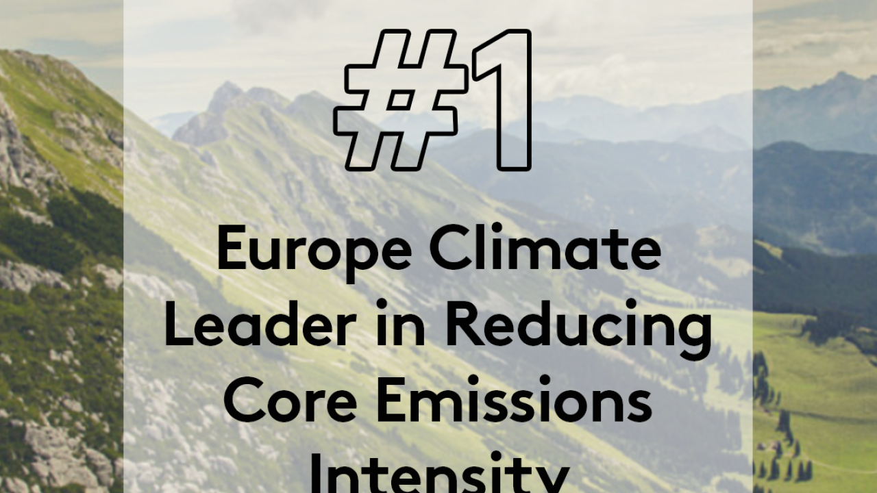 "Logitech: #1 Europe Climate Leader in Reducing Core Emissions Intensity" over mountain landscapeland