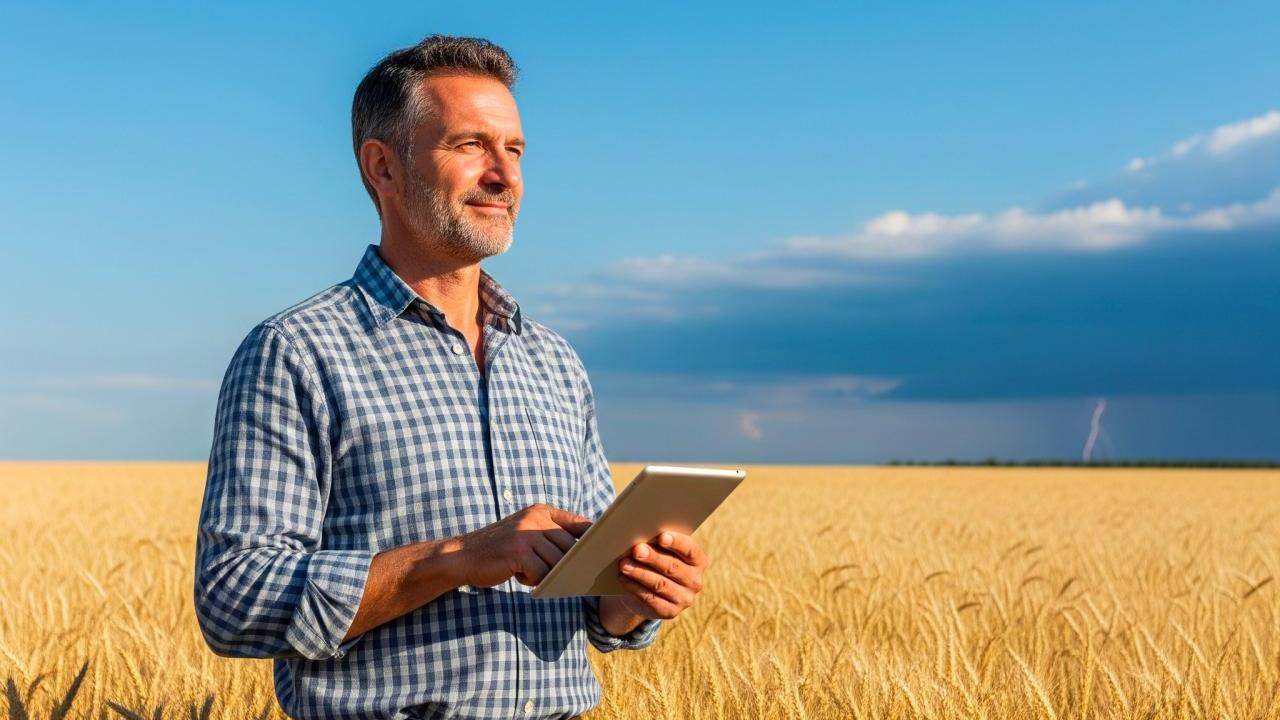 person standing in a field with a computer