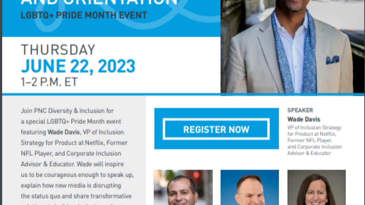 Flyer for "The Intersection of Race, Gender, and Orientation LGBTQ+ Pride Month Event" Thursday June 22nd 1-2pm ET.