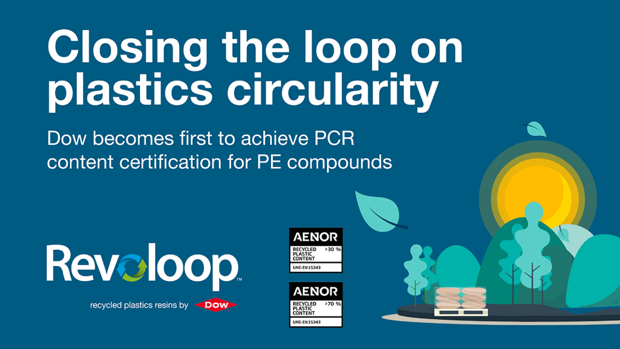 Text on illustration: Closing the loop on Plastics circularity, Dow becomes first to achieve PCR content certification for PE compounds