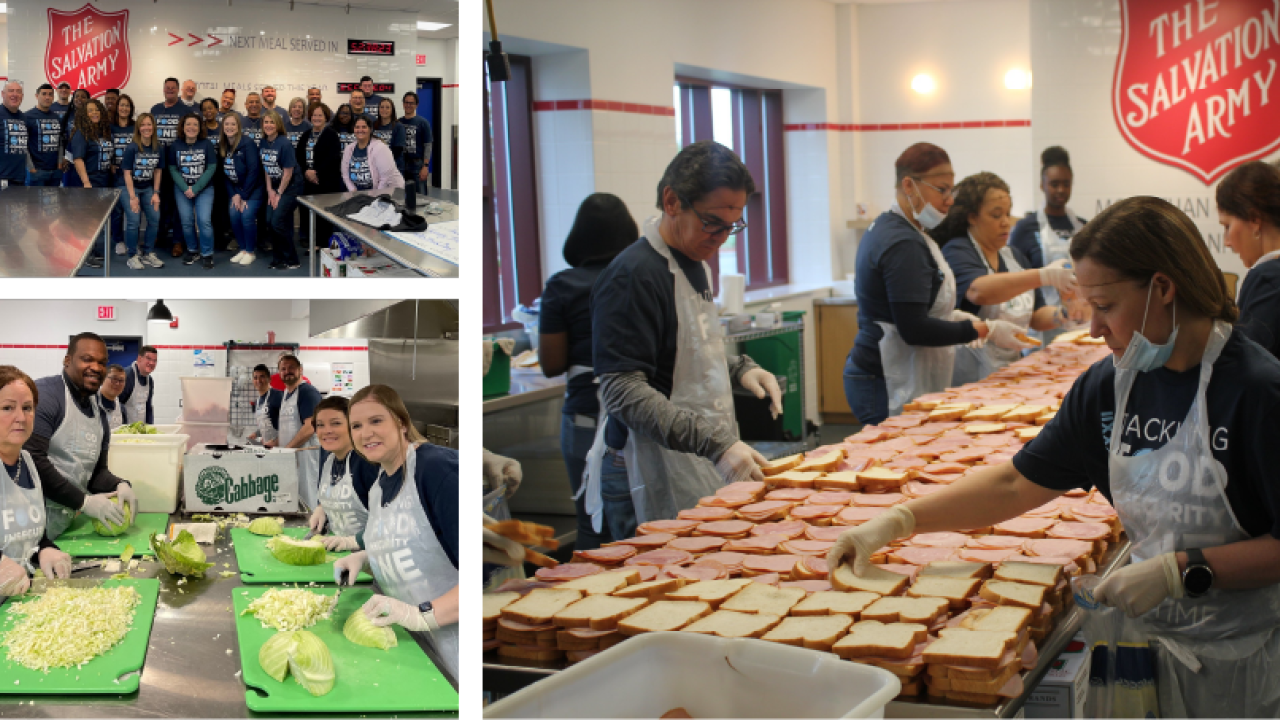 Volunteers preparing meals with the Salvation army