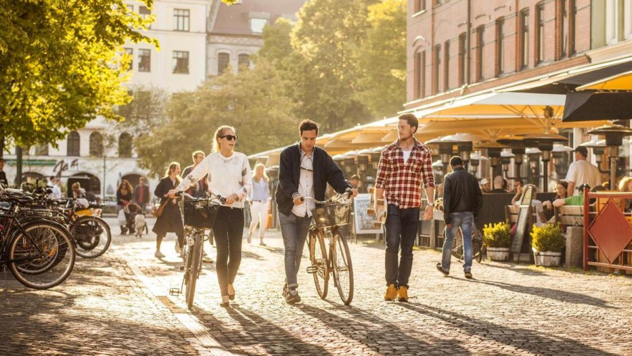 three people walk down a brick lined street, pedestrians and bike riders in the background on a sunny day
