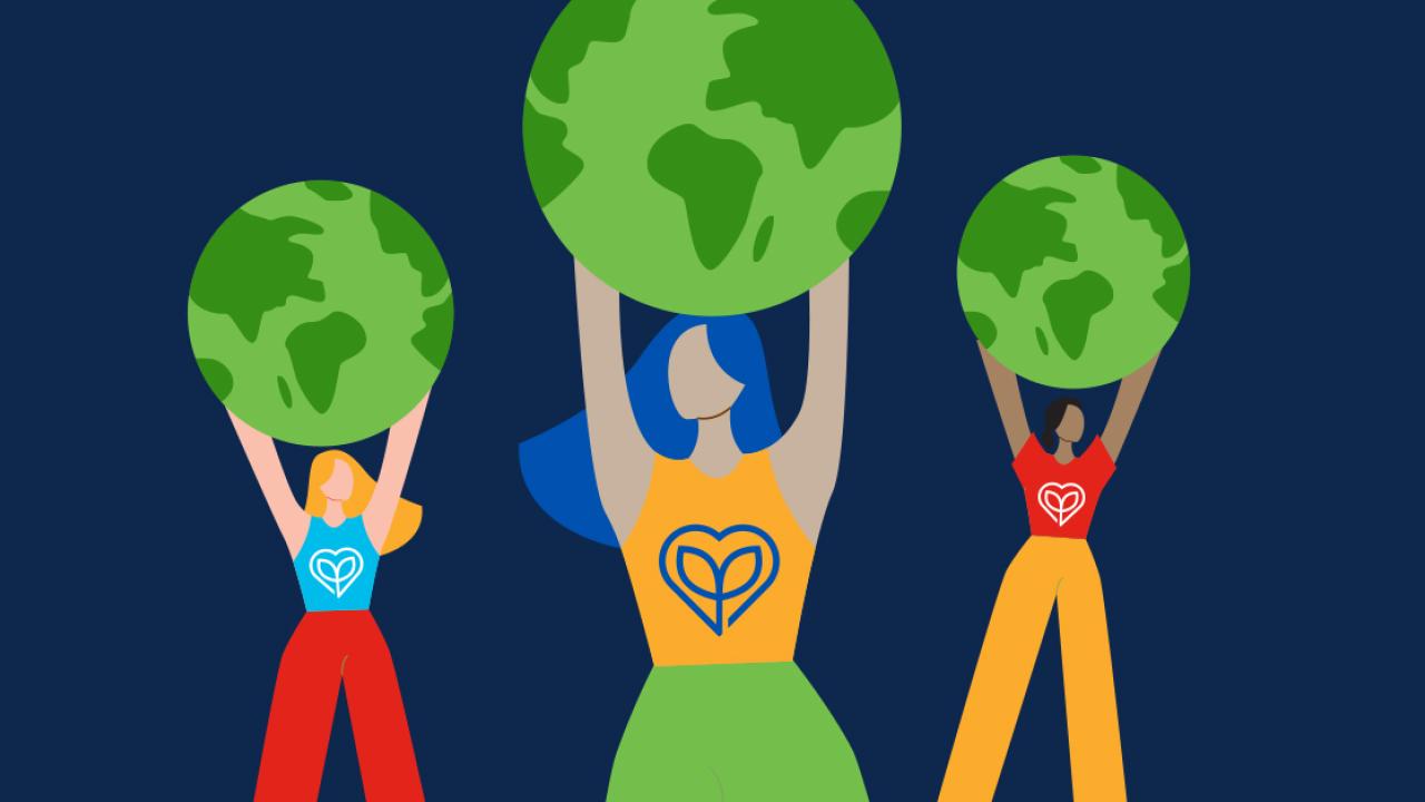 Digital image of three people holding up green globes.