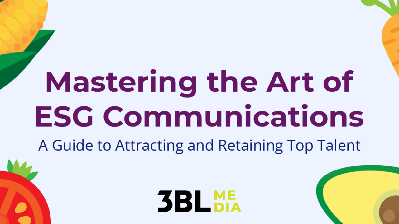 Illustration of fruits and vegetables with the words, "Mastering the Art of ESG Communication: A Guide to Attracting and Retaining Top Talent"