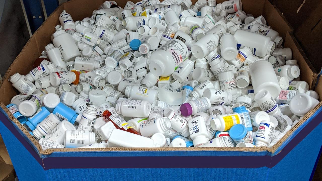 Medication bottles from Albertsons Companies pharmacies are prepped for recycling. The pharmacies have diverted more than 54,000 pounds of bulk medication dispensing bottles from landfills. Trex Company recycles the plastic to produce wood-alternative, environmentally friendly composite decking.