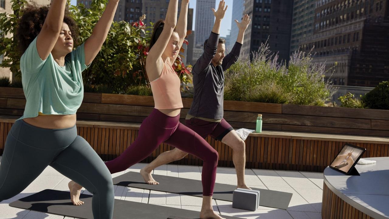 three people doing yoga pose on a rooftop, tall buildings around them