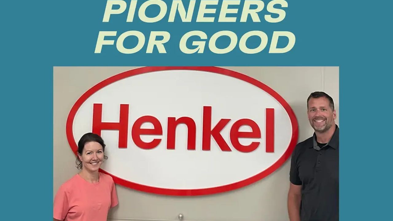 Pioneers for good: two people standing beside the Henkel logo