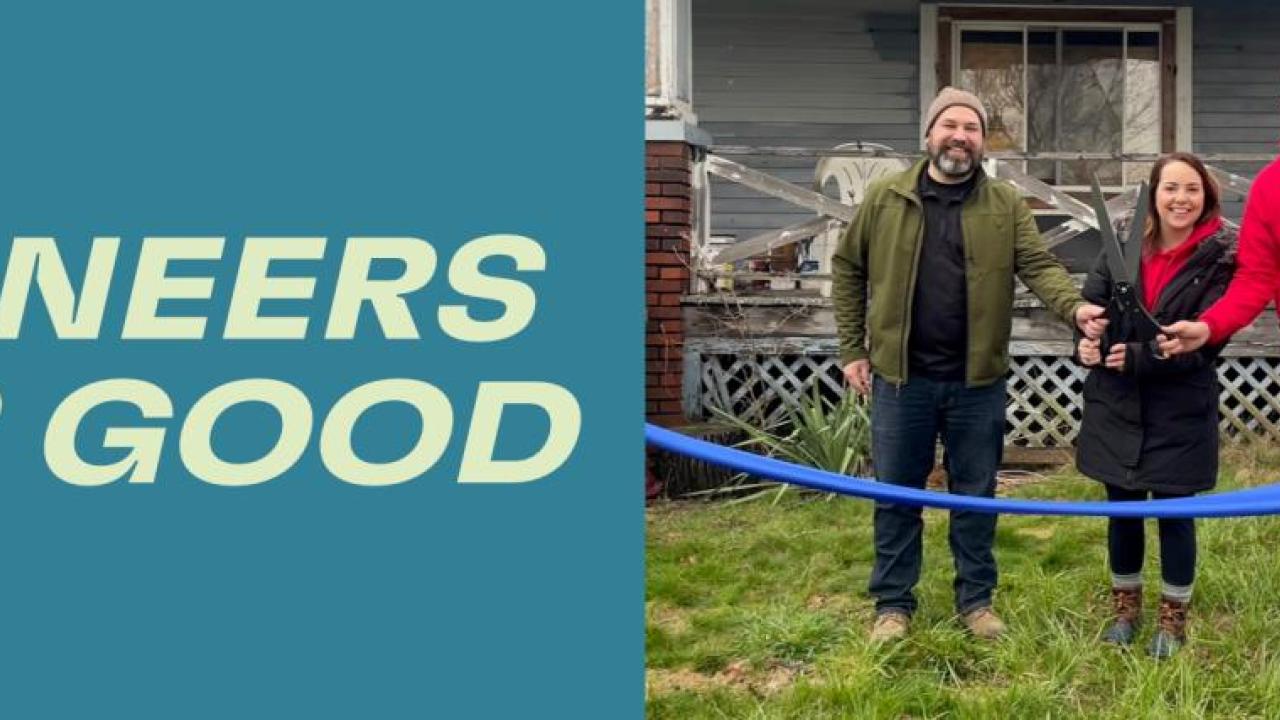 "Pioneers for Good" - three people in a ribbon cutting ceremony